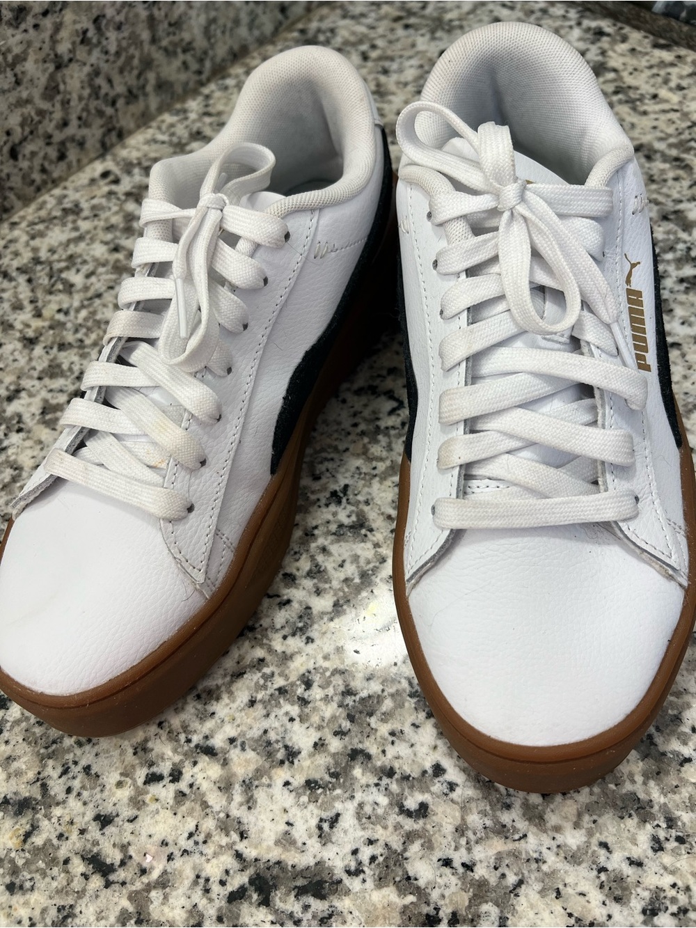 Puma White Leather Sneakers with Black Stripe and Gum Platform - Picture 2 of 3